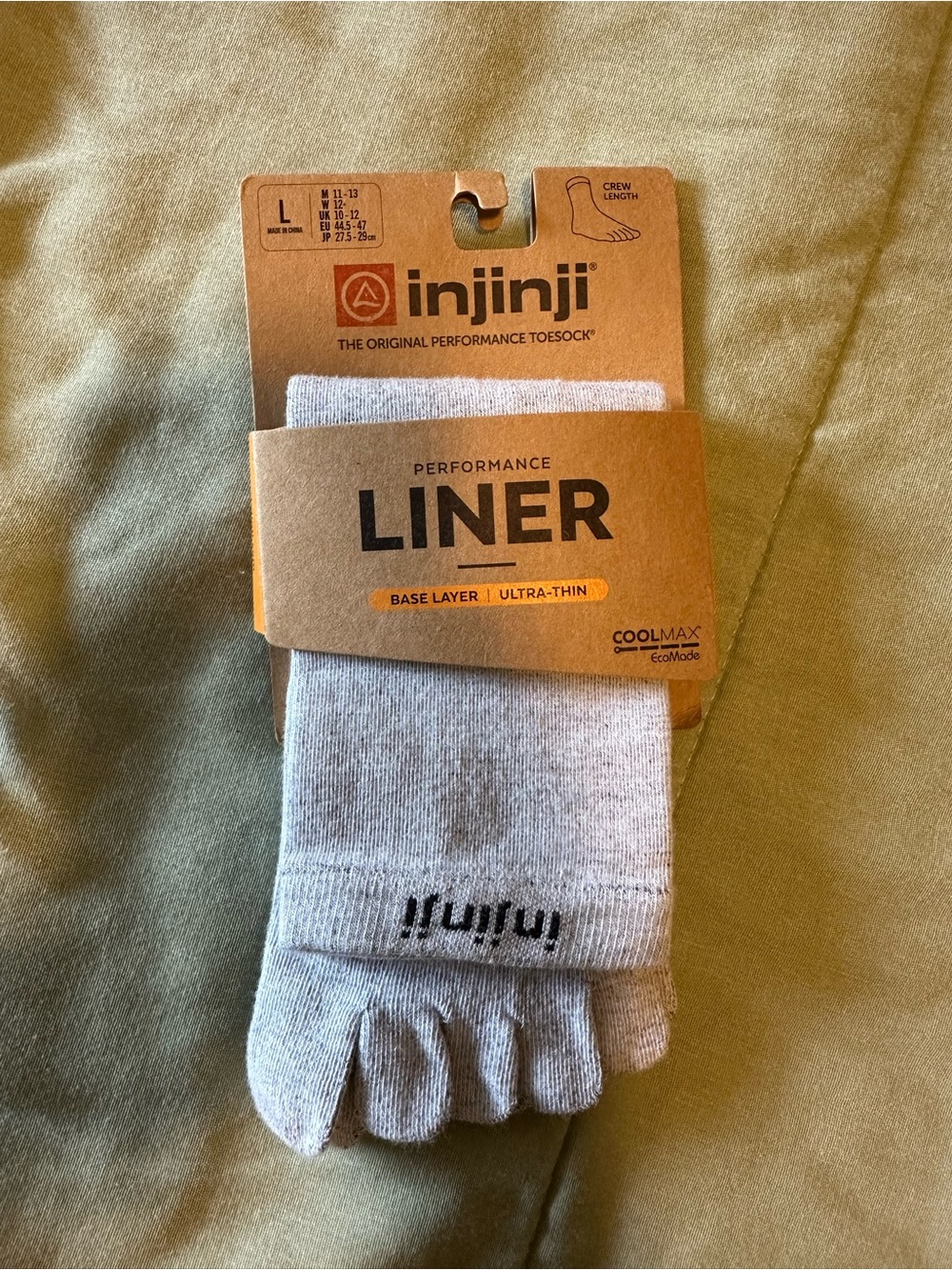injinji Men's Light Gray Performance Liner Toe Crew Socks